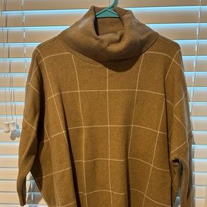 Cowl neck 3/4 sleeve sweater. Tan with white checker lines.